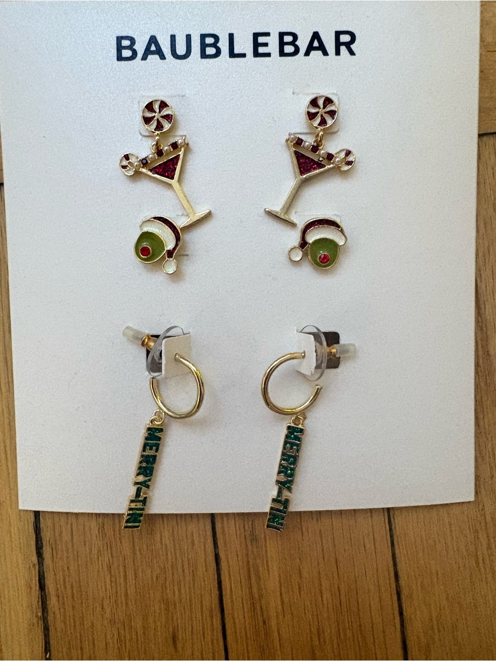 BaubleBar Christams Gold Kitschy Martini Olive Peppermint Cocktail Earring Set